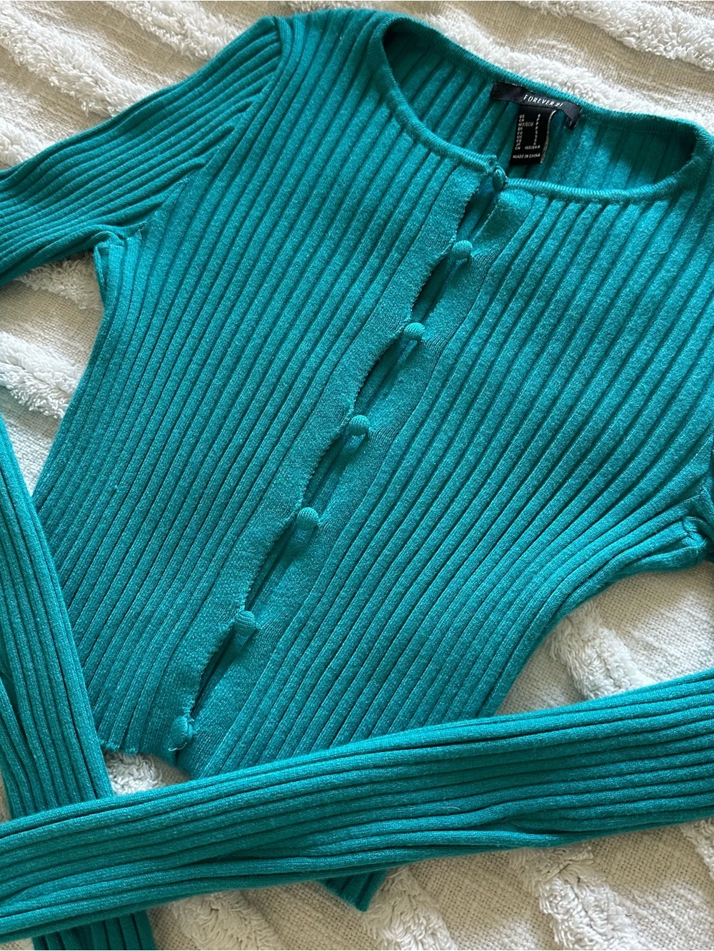 forever 21 large rib knit torquoise blue long sleeve top / size small